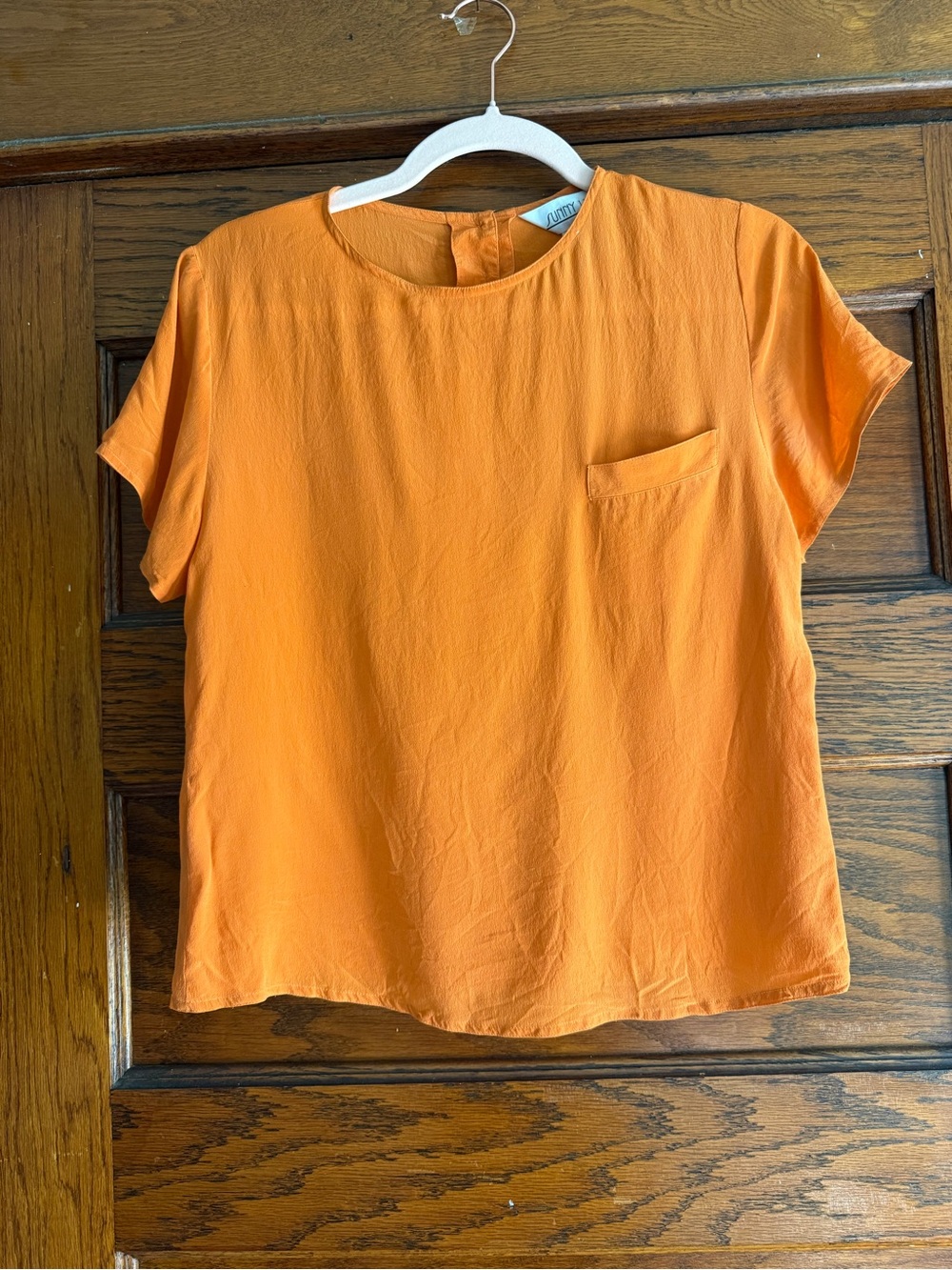 VINTAGE 100% Silk Cropped Short Sleeve Blouse Pocket Square